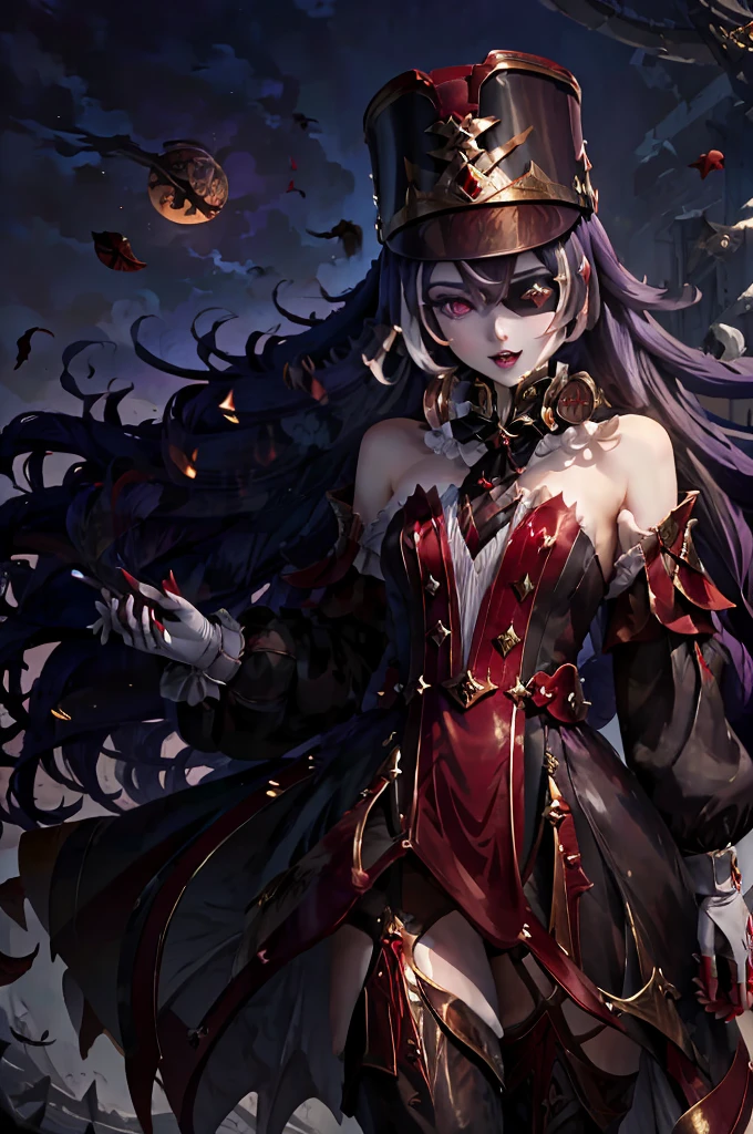 Vampire Girl , Masterpiece, ,(独奏:1.1), a perfect face, (vivid lighting:1.2),beautiful detail eyes, extremely detailed face, perfect  lighting,Masterpiece, Best Quality, 1girl, pale skin, hairlong, 20years old , red eyes, fangs, A glass of blood in his hand, Complex hairstyle, vampire fangs, open mouth, sharp teeth, vampire fangs, in full height , seductive position,((masterpiece,best quality)), 1girl, chevreuse, shako cap, eyepatch, detached sleeves, gloves, black pantyhose, thigh boots, smile