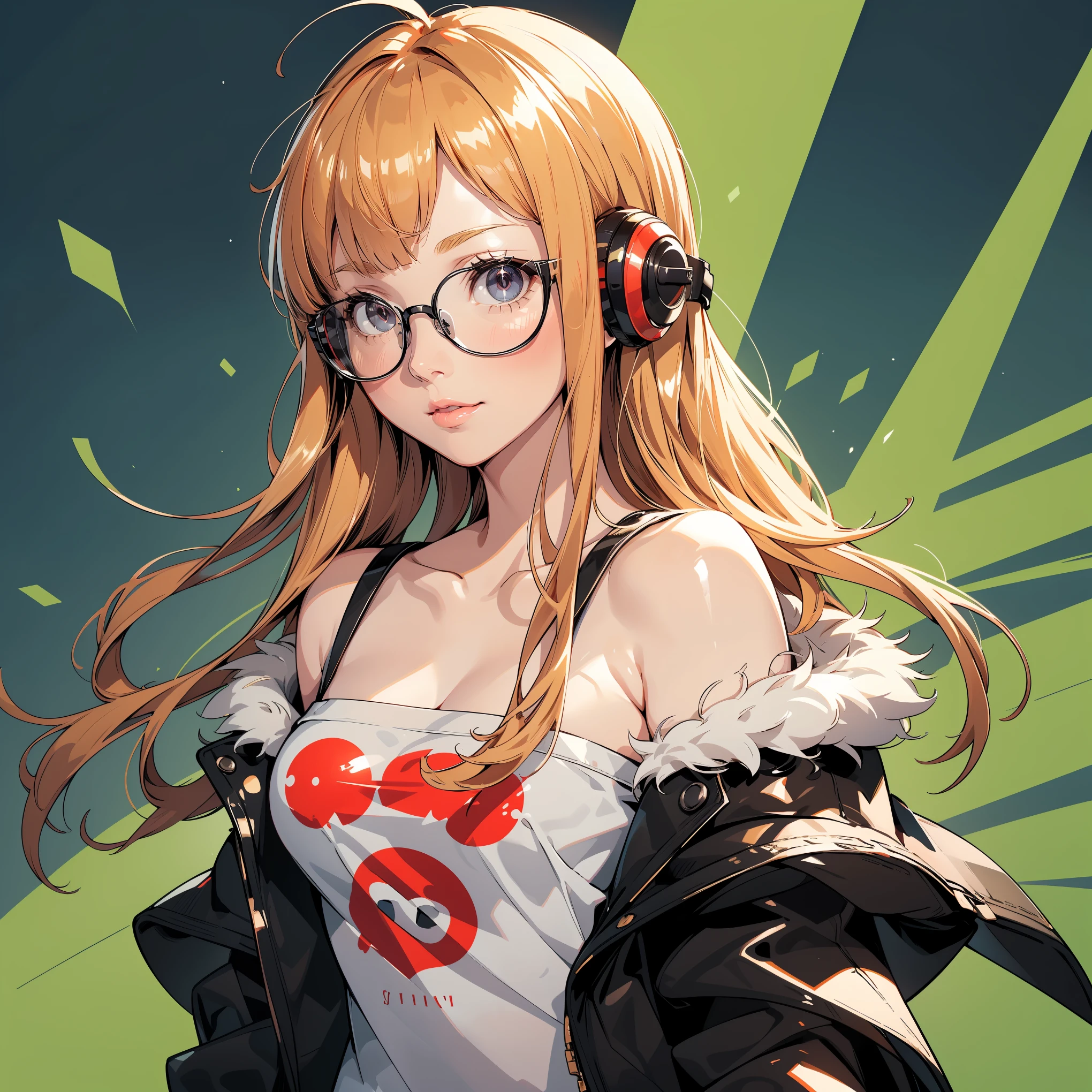 Sticker,,Deep purple eyes，cute clothing，Lazy feeling，in circle, black background,Yellow-green background，Gold border，Simple, muste piece, best quality, High resolution, 1 girl, futaba sakura, blunt bangs, glassesの, black frame eyewear, Ahoge,orange hair、 purple eyes、 glassesの, headphones, , The jacket is the jacket, off shoulder, fur trim, fur-trimmed jacket, Green jacket, short pants,smile、futaba sakura、eyes purple、orange hair、glasses、,masterpiece、highest quality、official art、An illustration、clear lines、(cool_color)、perfect composition、face focus、Accurate, anatomically correct、 、High resolution, beautiful detailed glow, muste piece*People photography, 3d face, Reality, (muste piece: 1.3), (maximum resolution: 1.2), (ultra high definition tv: 1.2), cinema light, 8K resolution, No ,masterpiece、highest quality、ultra detail、(((glossy lips: 1.4)))pretty face, Accurate, anatomically correct, NoAlways detailed face and skin texture, detailed eyes, double eyelids, tthin eyebrows、 pale skin, Glowing skin all over the body, perfect face,Always detailed face and skin texture, detailed eyes, double eyelids, thin eyebrows,natural cheeks, shiny skin, fair skin, glossy skin: 1.2, (glossy lips: 1.4), (((最高にbeautiful girl)))、(((beautiful girl)))、（a little blush）、（pretty face）、 delicate and beautiful hair, Delicate and beautiful eyes and face, (Beautiful gorgeous cute western woman:1.3),)(((Very pretty face))))(((long eyelashes))))(((circular sparkling eyes)))(((Glossy and glossy lips))) (((slightly reddish cheeks:0.8)))(((Clean, straight nose bridge)))、(a sticker, up of face、Focus on the face、 In a circle, White background, Cyber World Background，Gold-rimmed，It features a simple, View details in viewer, Detailed drawing, vectorized, silhuette, 8K, professional sticker design, Flat design, Vector lines, a sticker, Drawing,