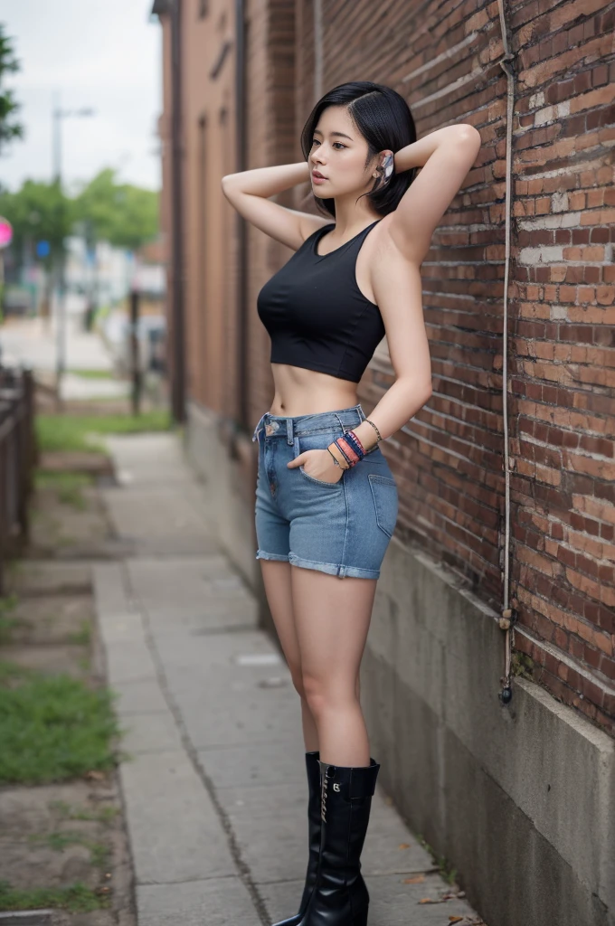 Dslr photo, (extraarms:1.2), (8k, 4k, masterpiece),beautiful pretty filipina asian woman, punk, outdoors, street, sleeveless black cropped shirt, short dark hair, bracelets, arm bands, blurry background, (upper hands on head), (lower hands on hips), (lower hands on legs), (lower hands on pockets), boots, full subject in frame, full body view, standing by brick wall, leaning on wall, facing viewer, (extraarms:1.2), (four arms), slim body