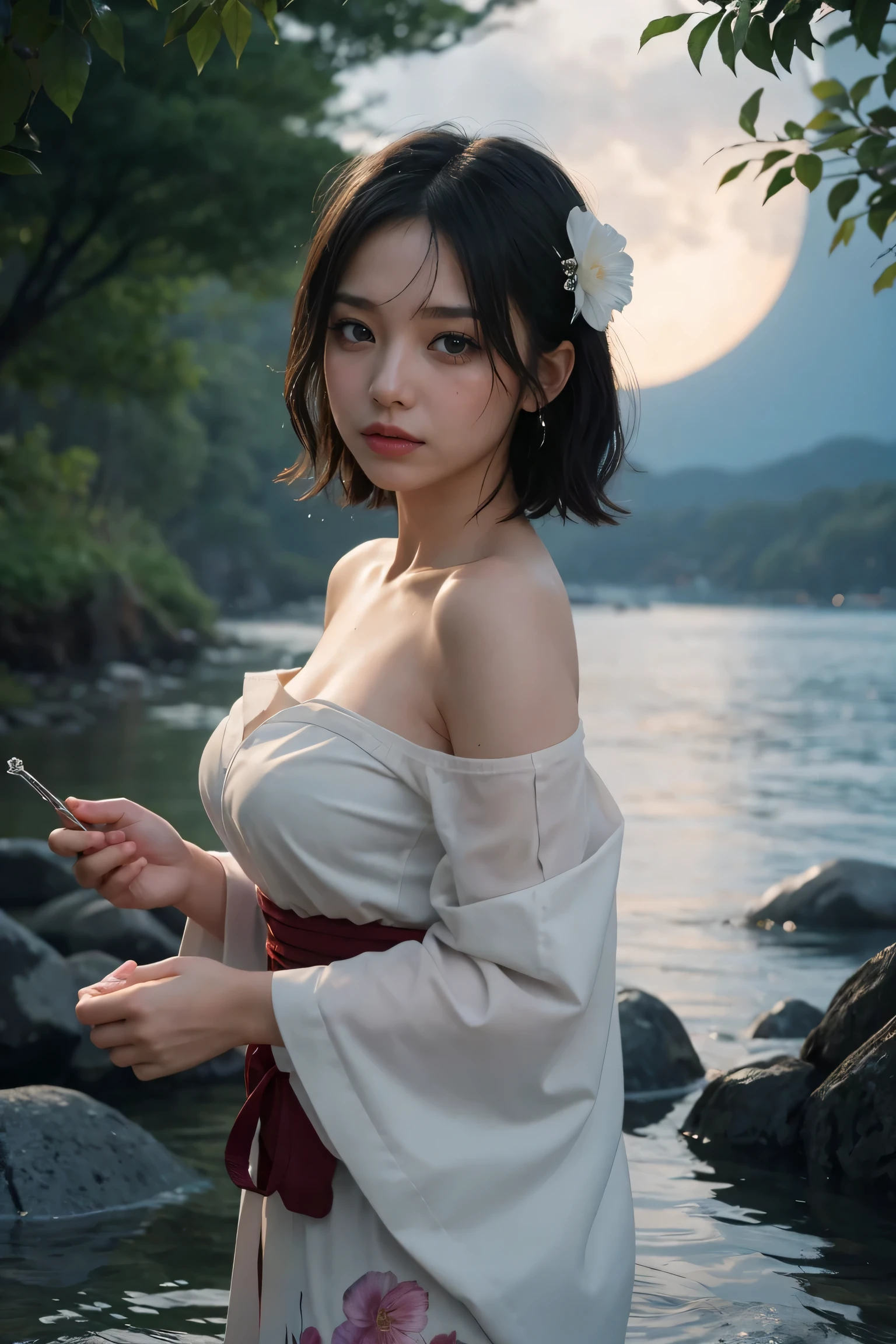 1 girl, chest, moon, lanthanum, night, alone, large chest, hair ornaments, Wet, kimono, kimono, water遊び, water, hair flower, flower, outdoor, null, full moon, rain, black hair, off shoulder, Mountain, cloud, holding, sash, bare shoulders, paper lanthanum, Are standing, white kimono, night null, side boob, heart, Wet clothes, bangs, wood, From the side, reflection, short hair, cloudy null, Wet hair (((masterpiece),(Highly detailed CG Unity 8K wallpaper),highest quality,,alone,1 girl,cinematic lighting,detailed background,beautiful and fine eyes,bright pupils, (very delicate and beautiful),(Beautiful and detailed eye depiction)， super detailed,masterpiece,)),