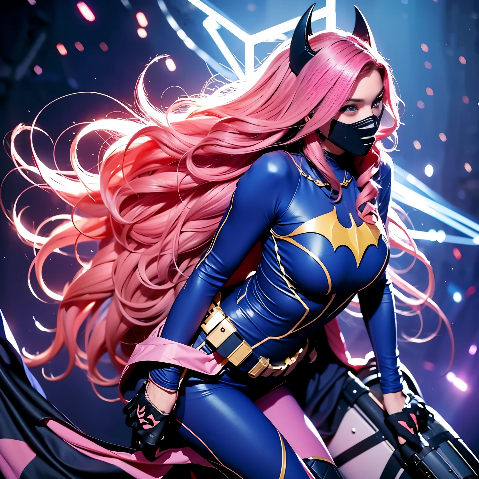 “Woman, long curly hair, pink hair, blue eyes,full body, soft, cute, batgirl suit, wearing baatgirl mask, dynamic sexy pose.