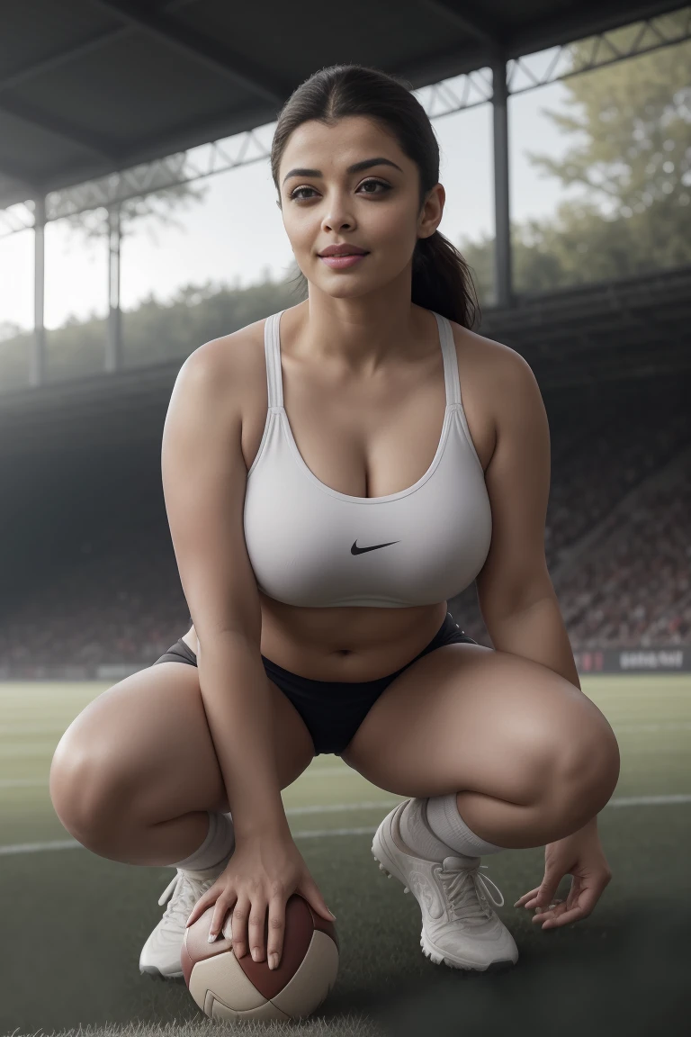 Extreme close up photo of cleavage of Aishwarya Rai as football player -  SeaArt AI