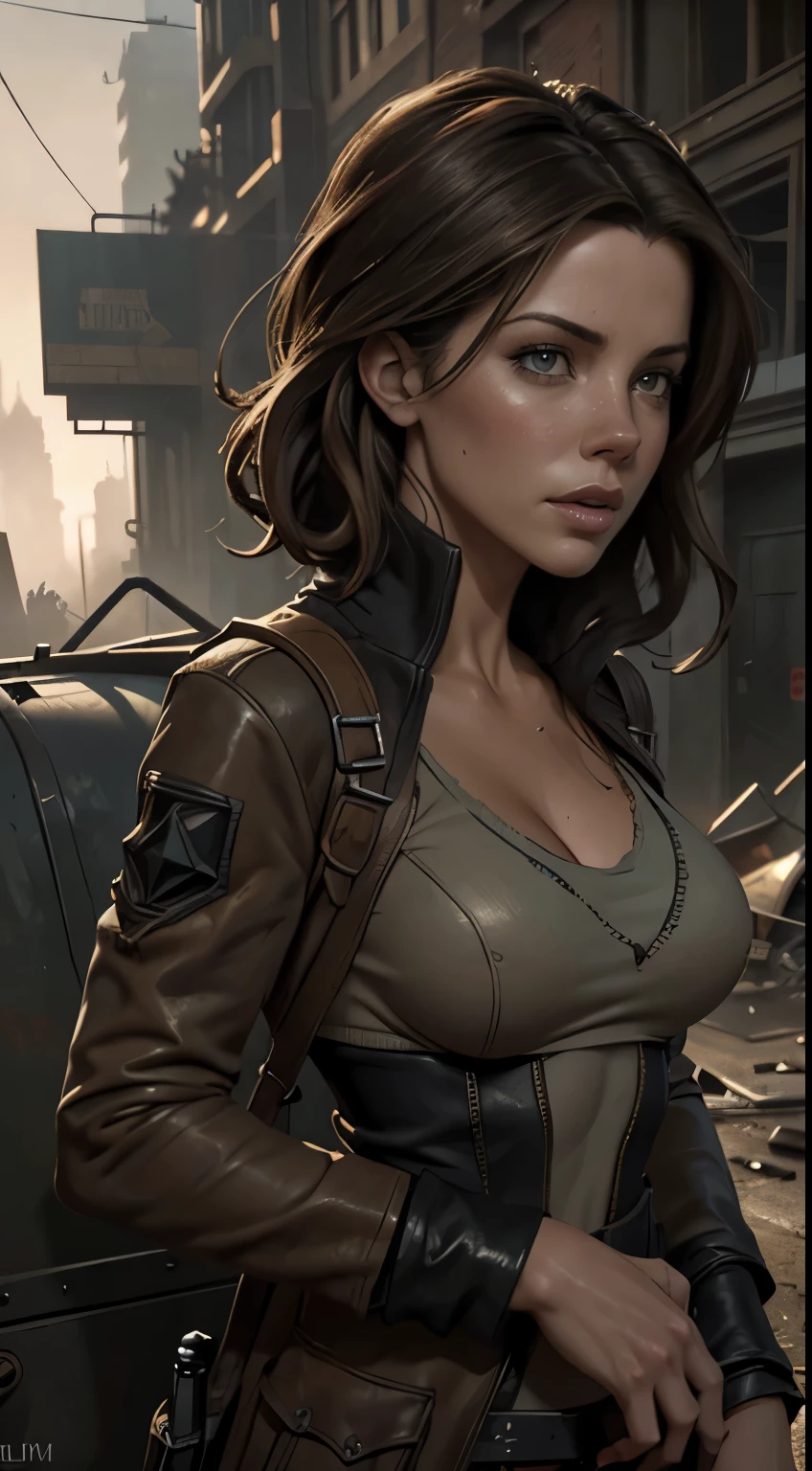 Foto hiperrealista en primer plano de Kate Beckinsale, masterpiece, best quality, (photorealistic:1.4),  Create dystopian masterpieces. Depict the cityscape in the gritty style of the game's concept art. This work should evoke a sense of abandonment and despair in a futuristic, post-apocalyptic world. Notice the intricacies of detail, the sharp focus.