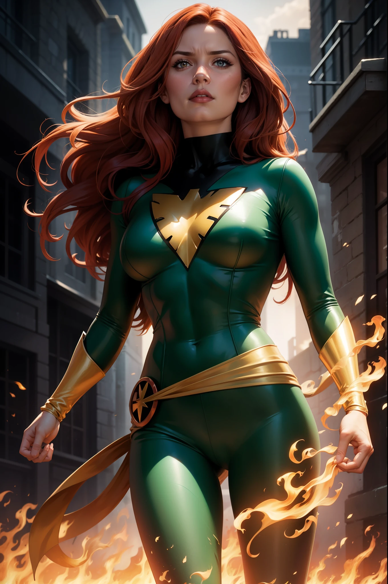 Jeangrey,X-Men,Fato de Pheonix,Super heroi,cores vibrantes,expressão feroz,olhos detalhados,cabelo ruivo comprido,chamas ardentes,telecinese,emocional,batalha intensa,fundo místico,melhor qualidade,contorno destacado em alta resolução,estilo de quadrinhos,formato widescreen,com contraste ajustado,HDR,detalhes nítidos,energéticoiluminação, seios grandes, sexy