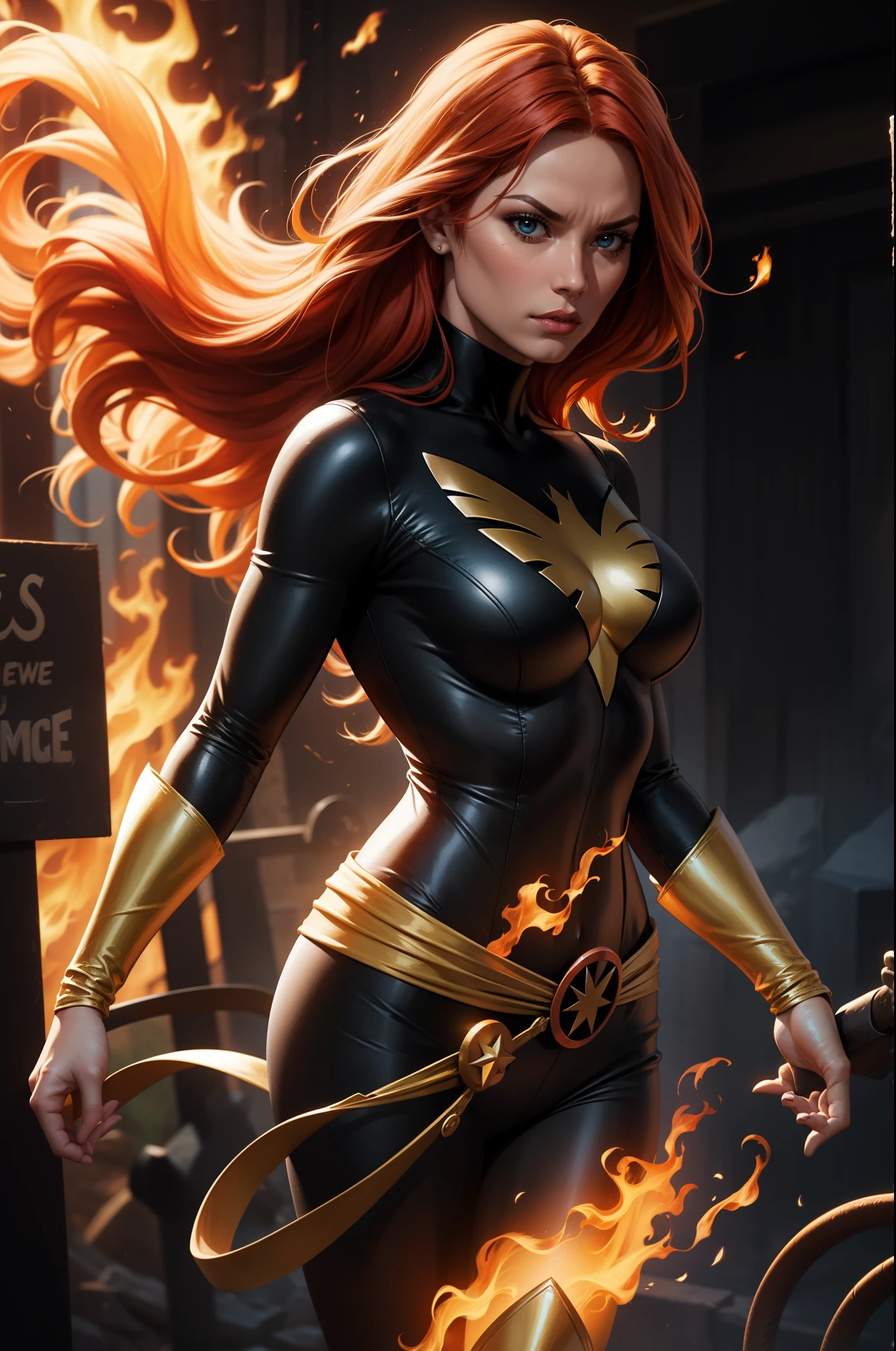 Jeangrey,X-Men,Fato de Pheonix,Super heroi,cores vibrantes,expressão feroz,olhos detalhados,cabelo ruivo comprido,chamas ardentes,telecinese,emocional,batalha intensa,fundo místico,melhor qualidade,contorno destacado em alta resolução,estilo de quadrinhos,formato widescreen,com contraste ajustado,HDR,detalhes nítidos,energéticoiluminação, seios grandes, sexy