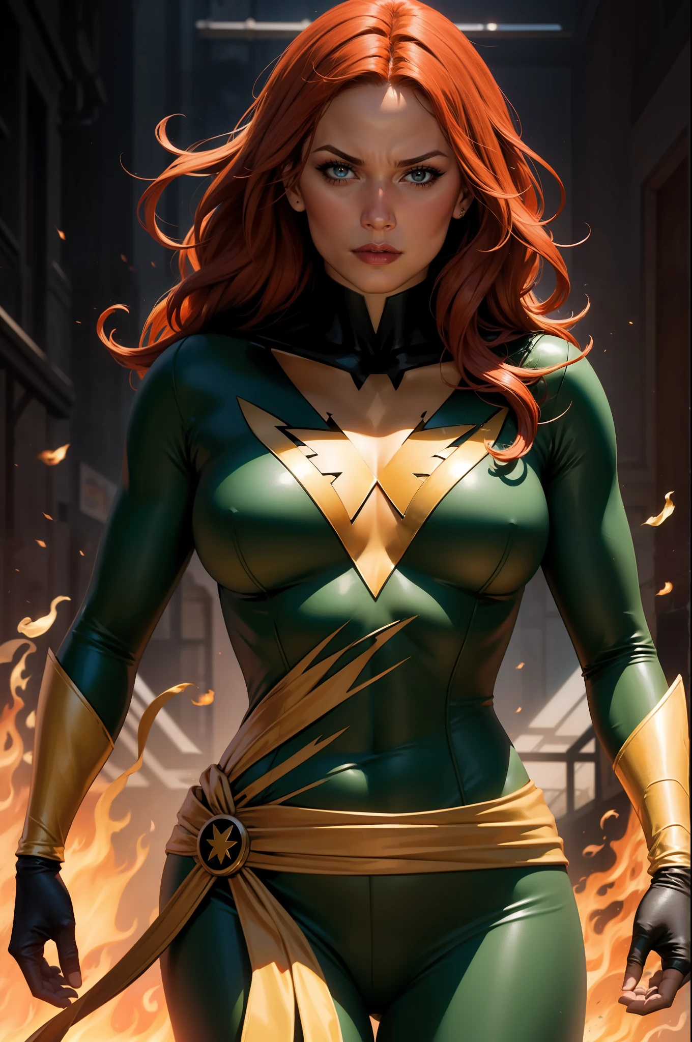 Jeangrey,X-men,Pheonixcostume,superhero,vibrantcolors,fierceexpression,detailedeyes,longredhair,burningflames,telekinesis,emotional,intensebattle,mysticalbackground,bestquality,highreshighlightedoutline,comicbookstyle,widescreenformat,contrastadjusted,hdr,crispdetails,energeticlighting, large breasts, sexy