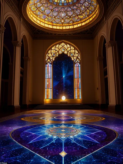 mesmerizing sight, moonlight flows elegantly through intricate stained glass windows, a heavenly dance of light and color, dream...