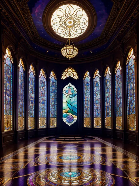 mesmerizing sight, moonlight flows elegantly through intricate stained glass windows, a heavenly dance of light and color, dream...