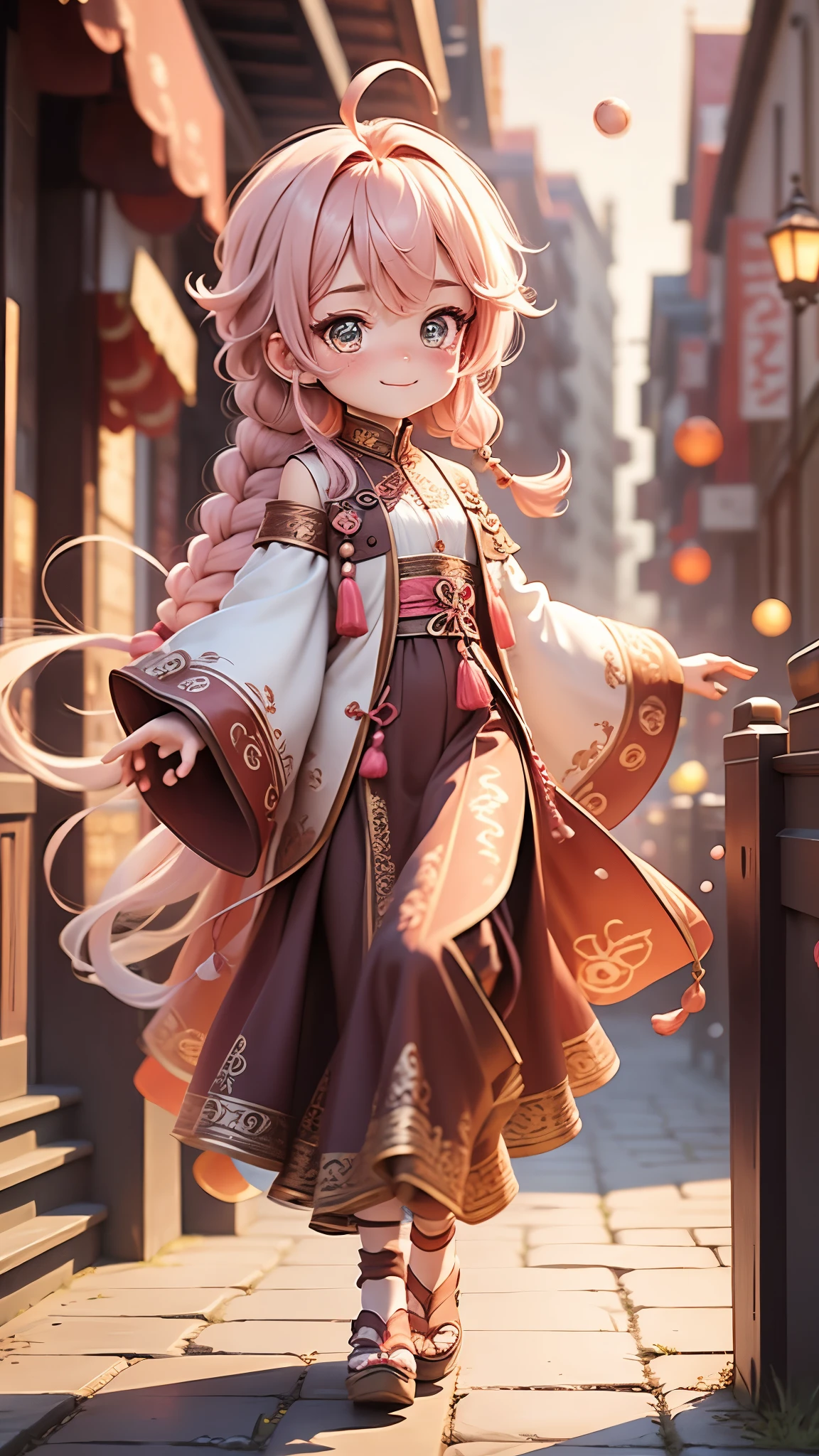 1 girl, pink hair, long hair, Half braided hair, Dresses, Detailed eyes, whole body, solo, chibi, New Year atmosphere, Embroidered shoes, Smile, stand