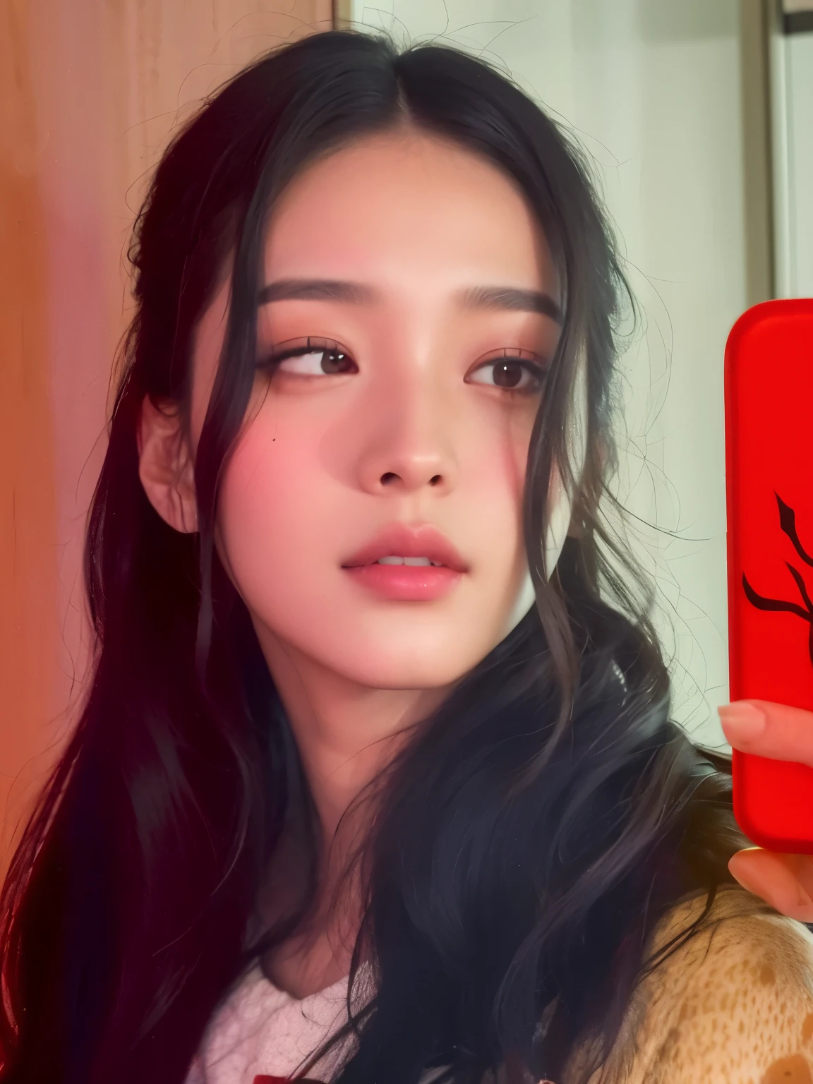 A close up of a woman holding a red phone in her hand - SeaArt AI