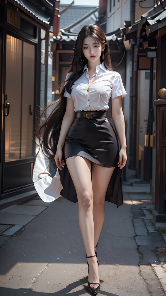 highest resolution, 8K, high definition, นักศึกษาthailand, woman, half-caste, thailand, Japan, Korea, Height 173 centimeters, ((stand)), (Beautiful face, แต่งBeautiful face, Double eyelids, red lips), (black hair, long hair long hairมาก, long hairตรง, long hair, flowing smoothly), (womanที่สวยงาม, The texture is realistic.), (white short sleeve shirt thin shirt, collar shirt, There are buttons., metal buttons, เม็ดmetal buttons), (Huge breasts, Breast augmentation, เต้าBig tits, Big tits), (short black pencil skirt, Very short, Side incision, กระโปรงพร้อมbeltwoman, tight), (Symmetrical shape, sexy figure, small waist, Long legs, Beautiful thighs), (Pitch black high heels, earring, Put on a watch, metal chest brooch, belt), full body photo, Look at every part of the body., university backdrop,