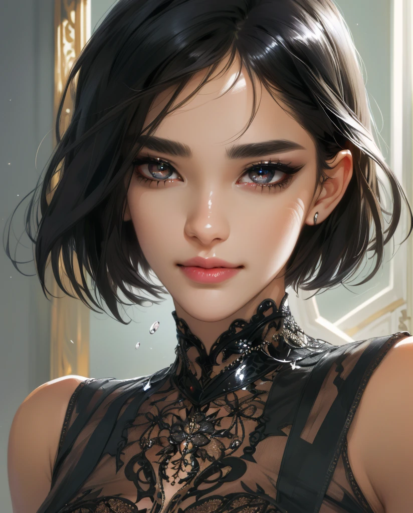 (absurd, high resolution, super detail), beautiful girl, intricate details, enlarged textures, intricate details, fine eyes and detailed face, intricate details, black hair, (closed mouth), perfect eyes, matching eyes, well-formed lips, pretty face, dark eyeliner, shiny skin, moaning, pleasure, short hair, amber eyes