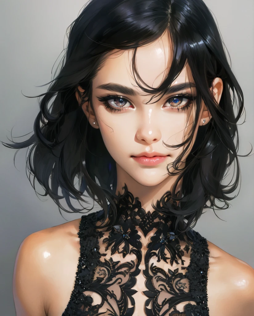 (absurd, high resolution, super detail), beautiful girl, intricate details, enlarged textures, intricate details, fine eyes and detailed face, intricate details, black hair, (closed mouth), perfect eyes, matching eyes, well-formed lips, pretty face, dark eyeliner, shiny skin, moaning, pleasure, short hair, amber eyes