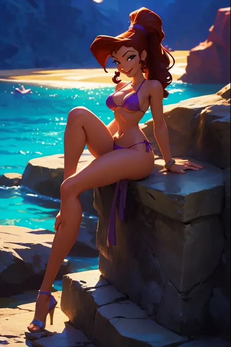 Megara ((micro bikini)) (full figure) sitting legs spread on a rocky beach, smiling, fun ((masterpiece)) ((best quality)) ((highly detailed))