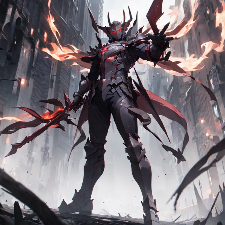 masterpiece, highly detailed CG unified 8K wallpapers, 8k uhd, dslr, high quality, clean, best illumination, a god in a red and black demonic armor, glowing eyes, cinematic, ultra-high resolution, ultra-high detailed, high-definition, shadowverse style