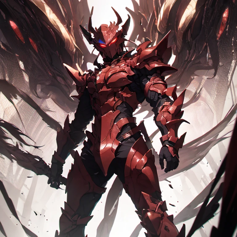 masterpiece, highly detailed CG unified 8K wallpapers, 8k uhd, dslr, high quality, clean, best illumination, a god in a red and black demonic armor, glowing eyes, cinematic, ultra-high resolution, ultra-high detailed, high-definition, shadowverse style