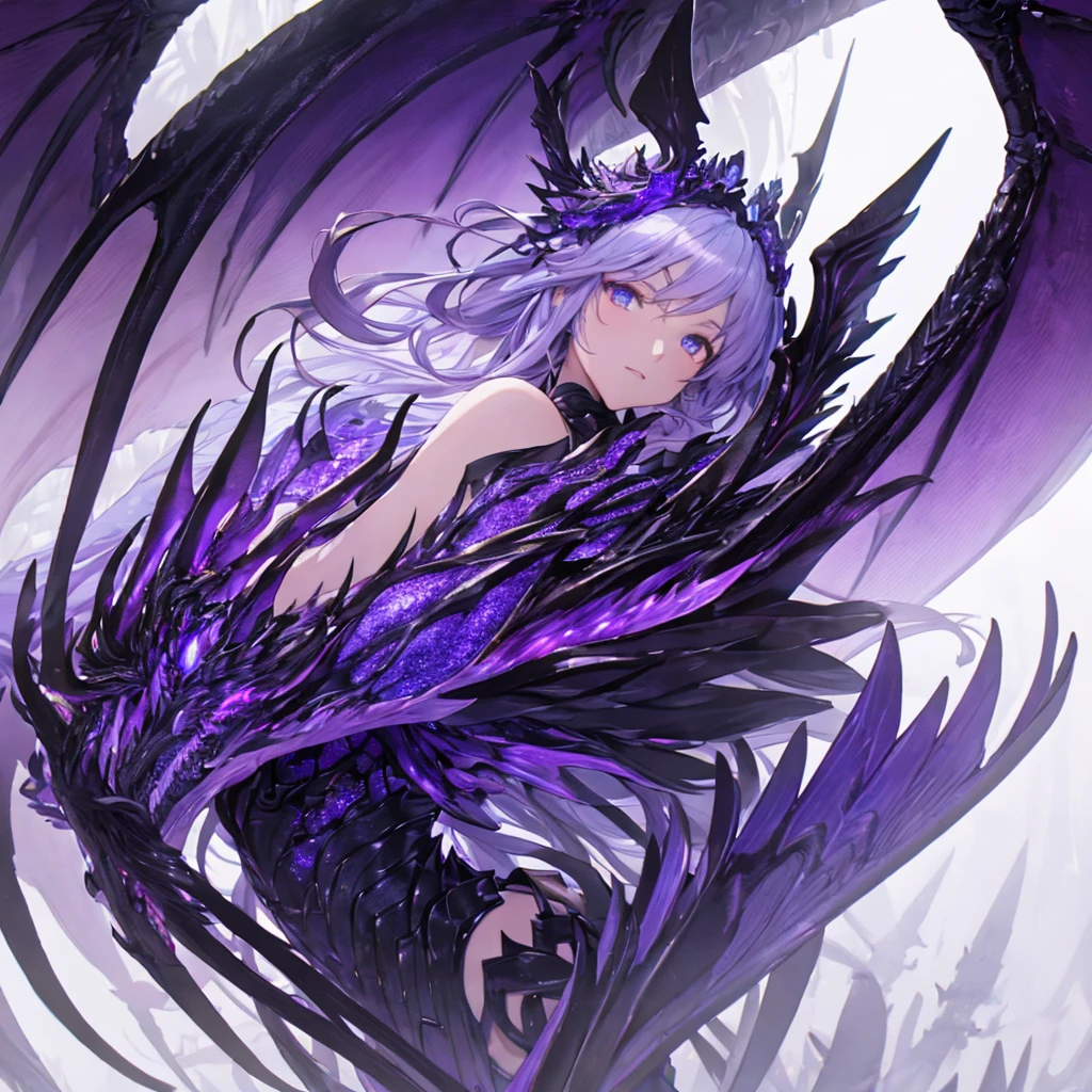 masterpiece, highly detailed CG unified 8K wallpapers, 8k uhd, dslr, high quality, clean, best illumination, a god in a purple and black dragonic armor, black wings and tail, glowing purple and blue eyes, cinematic, ultra-high resolution, ultra-high detailed, high-definition, shadowverse style