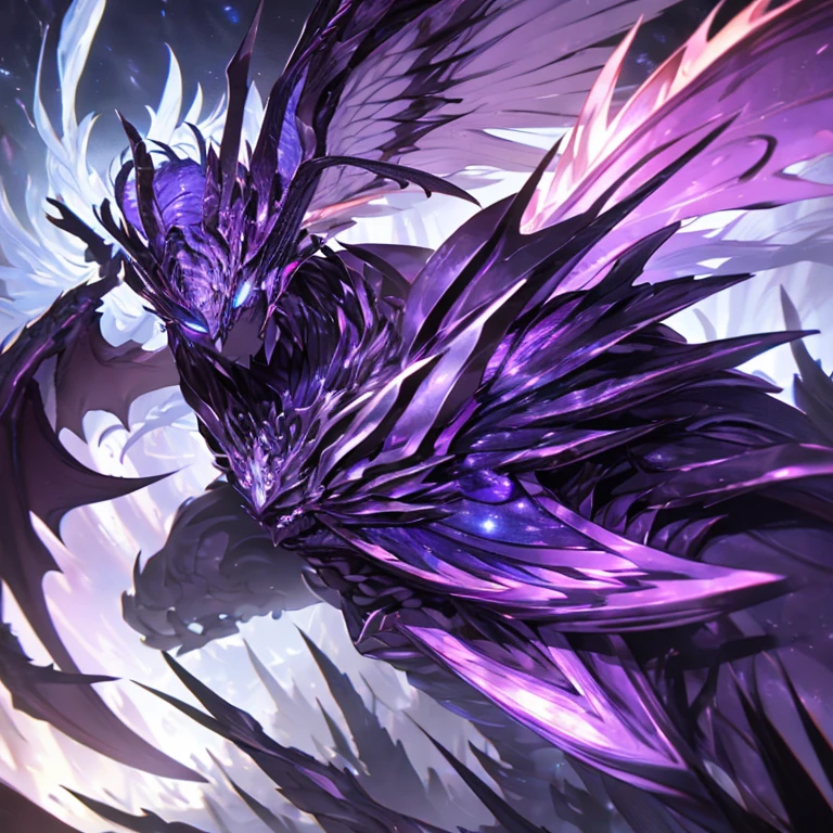 masterpiece, highly detailed CG unified 8K wallpapers, 8k uhd, dslr, high quality, clean, best illumination, perfect face, 1 man, a god in a purple and black dragonic armor, black wings and tail, glowing purple and blue eyes, cinematic, ultra-high resolution, ultra-high detailed, high-definition, shadowverse style