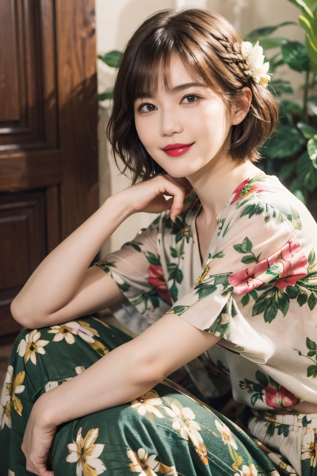 149
(20 year old woman,floral print outfit,pants), (Super realistic), (high resolution), ((beautiful hairstyle 46)), ((short hair:1.46)), (gentle smile), (brest:1.1), (lipstick)
