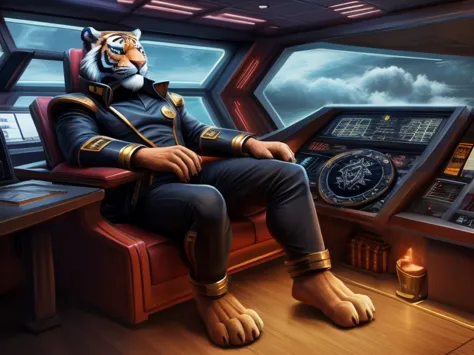 the barefoot white male tiger exudes confidence and authority as he sits in the captain's chair, and his red and black star trek...