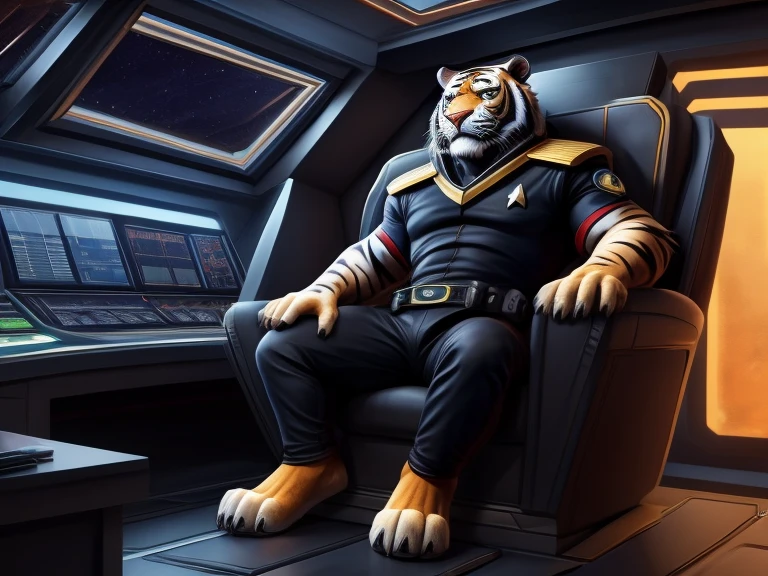 The barefoot white male tiger exudes confidence and authority as he sits in the captain's chair, and his red and black Star Trek Voyger uniform with the Starfleet Delta badge on his chest is a perfect match for his full figure. Handsome large clawed paws dominate the bridge of the ship and its crew. Long black pants and red and black shirt.