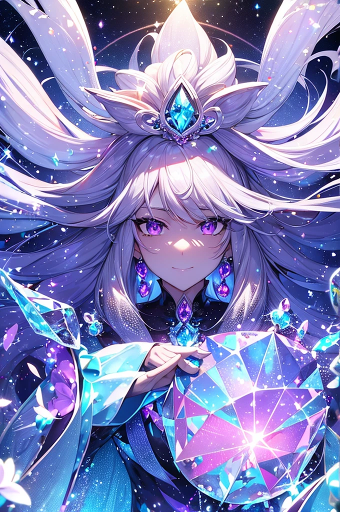 With amethyst motif,Pretty, one person, blue hair, ahoge, hair behind ear, hime cut, crystal hair, hair flower,water, pupils sparkling, diamond-shaped pupils, smile, Genre painting, sparkle, reflection light, move chart, anatomically correct, textured skin, super detail, high quality, highres,Fine-grained skin,The big picture,Sapphire-like beauty,It's like a jewel,Diamonds scattered around,Fine-grained light,masterpiece,bust,silk,mysterious,Detailed Hair++,Worthy of God,Reflected light,Composition in motion,Detailed clothing,Trending,Detailed pupils,dress,grey hair,Realistic light,profile,red,tachi-e, Fujifilm, from side,anatomically correct, award winning, high details, ccurate, UHD, tachi-e,light powder,