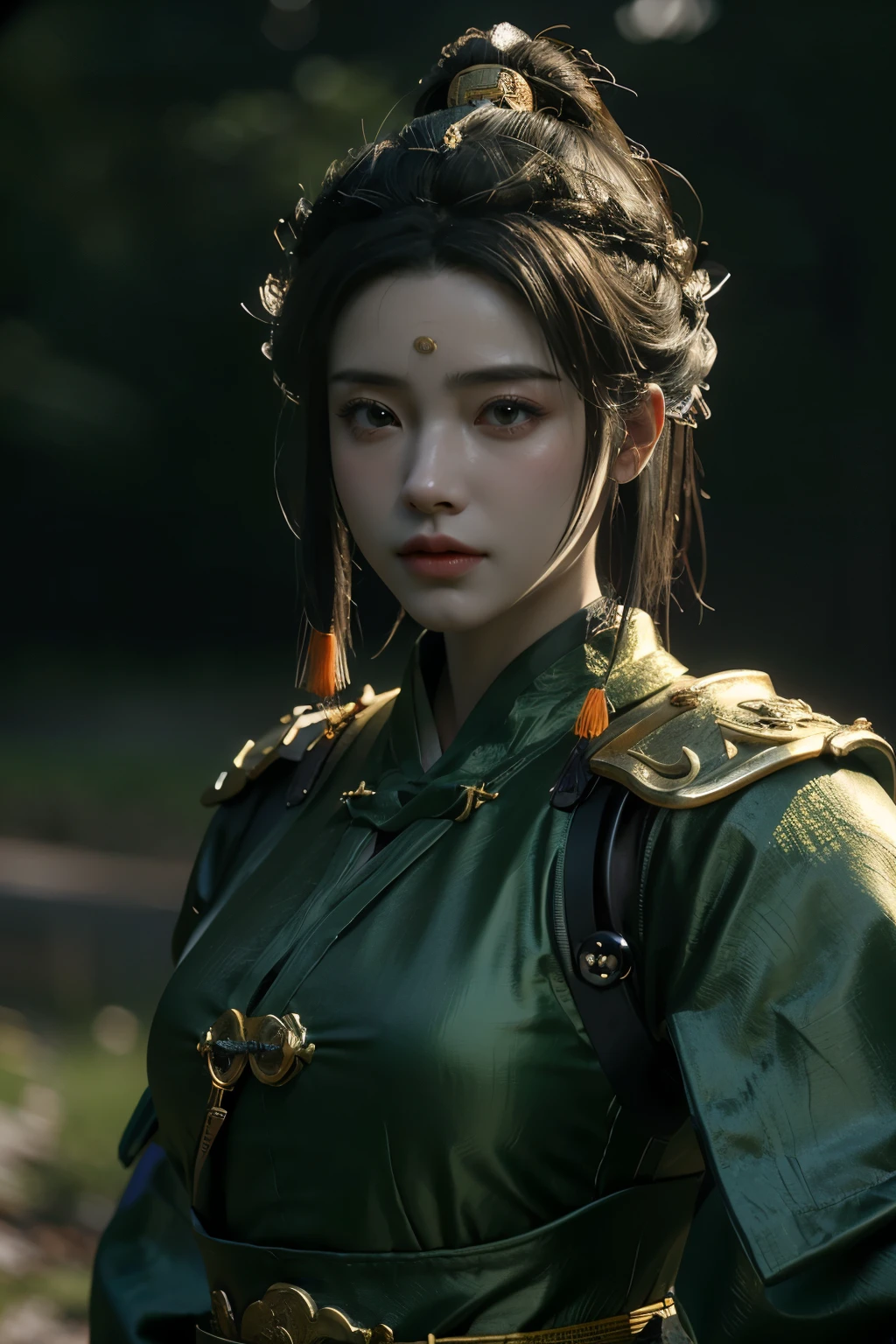 Game art，The best picture quality，Highest resolution，8K，(A bust photograph)，(Portrait from bust:1.5)，(Head close-up)，(Rule of thirds)，Unreal Engine 5 rendering works， (The Girl of the Future)，(Female Warrior)， 
20岁少女，(The warrior in ancient China)，An eye rich in detail，(Big breasts)，优雅高贵，冷漠，(Brave)，
(The costume of Chinese swordsman elements，Costumes of ancient Chinese characters，A random pattern of clothing，Ribbon，Joint Armor，Rich dress details)，(Chinese Hanfu:1.3)，人物，奇幻风格，
拍照姿势，野外背景，Movie lights，Ray tracing，Game CG，((3D Unreal Engine))，oc渲染反射纹