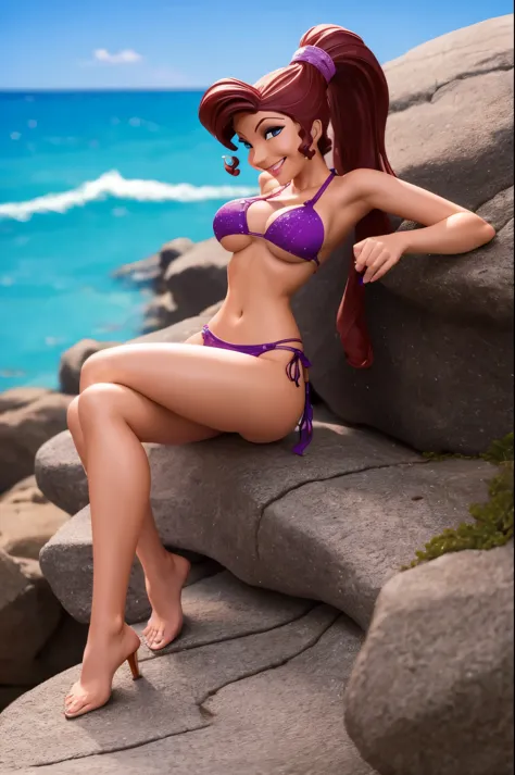 Megara ((micro bikini)) (full figure) sitting legs spread on a rocky beach, smiling, fun ((masterpiece)) ((best quality)) ((highly detailed))