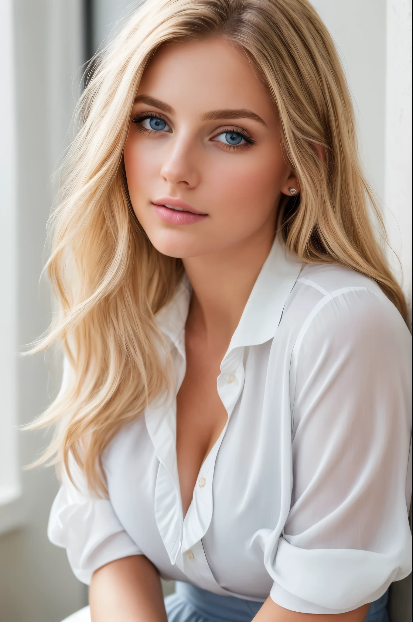 Young Blonde Woman, Beautiful Woman, player’s perspective, Soft Flare, f/1.8, 135mm, Fujifilm, Straight Hair, (Masterpiece, Top Quality, High Resolution:1.4), 1 girl, large breasts, cleavage, angel, skin pore texture, blonde hair, HD, photo, movie, cinematic, full body, realistic, (8K, RAW photo, Top Quality, Masterpiece:1.2), (realistic, photo-realistic:1.33), best quality, detailed eyes blue, cute, natural light, depth of field, film grain, wrinkled skin, sharp, detailed and realistic a woman, staring at camera, ruffled lips soft natural light, portrait photography, magic photography, dramatic lighting, photorealism, super detailed, intimate portrait composition, chic white shirt and grey trousers.