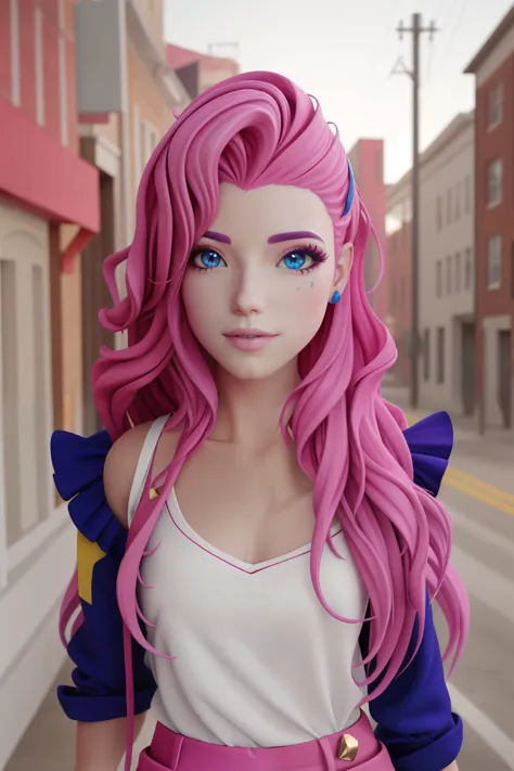 xyzseraphine, 1girl, 3d render, pink hair, trendy clothing, headshot