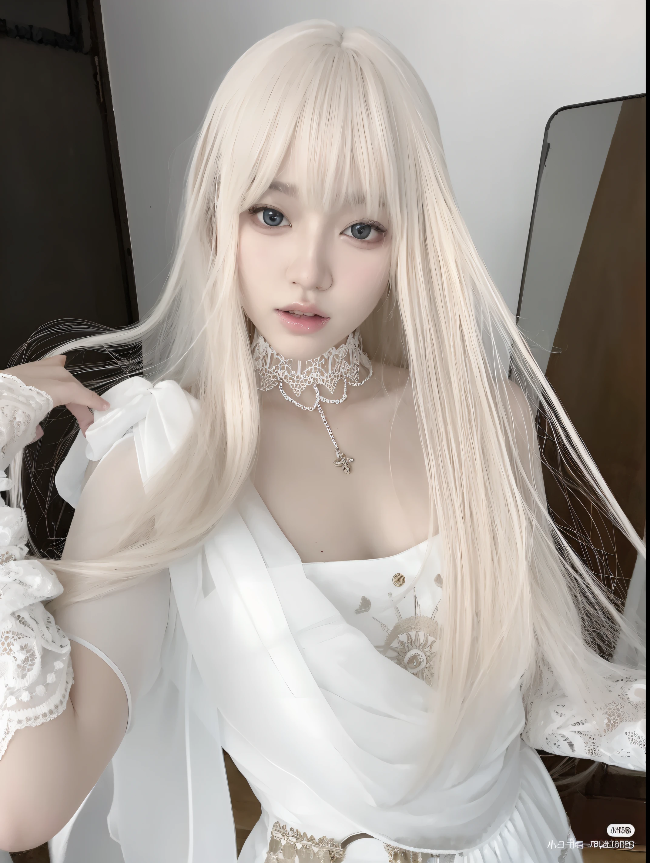 A close up of a woman with long blonde hair wearing a white dress ...