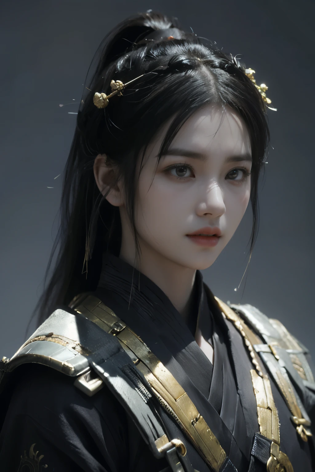 Game art，The best picture quality，Highest resolution，8K，(A bust photograph)，(Portrait from bust:1.5)，(Head close-up)，(Rule of thirds)，Unreal Engine 5 rendering works， (The Girl of the Future)，(Female Warrior)， 
20岁少女，(The warrior in ancient China)，(Short ponytail hairstyle)，An eye rich in detail，(Big breasts)，优雅高贵，冷漠，(Smile)，
(The costume of Chinese swordsman elements，Costumes of ancient Chinese characters，A random pattern of clothing，Ribbon，Joint Armor，Rich dress details)，(Chinese Hanfu:1.3)，人物，奇幻风格，
拍照姿势，野外背景，Movie lights，Ray tracing，Game CG，((3D Unreal Engine))，oc渲染反射纹