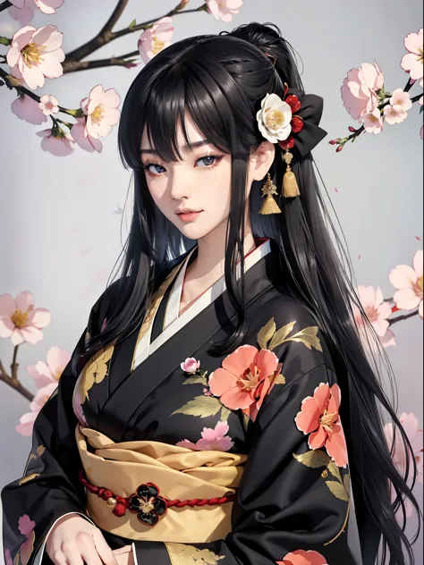 Mature girl、Long Black Hair、A slight smile、Black-haired、Colorful Japan kimono、Nishijin Ori、Delicate and smart eyes、intricate dam...