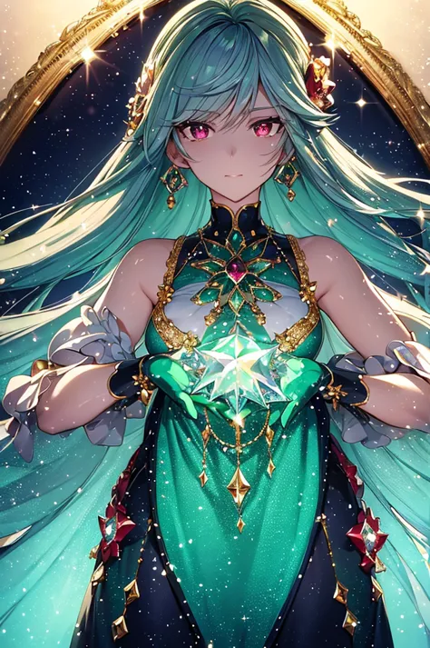 with emerald motif,pretty, one person, green hair, ahoge, hair behind ear, hime cut, crystal hair, hair flower,water, pupils spa...