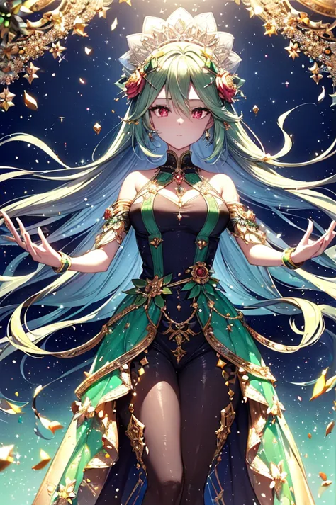 With emerald motif,Pretty, one person, green hair, ahoge, hair behind ear, hime cut, crystal hair, hair flower,water, pupils spa...