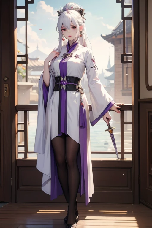 Unicorn anthropomorphic female high detail white hair purple pupils，Game of the original painting，black紧身衣，Sword in hand，whole body站姿，，Royal sister，no background，whole body，whole body，Standing posture，black，High heel，