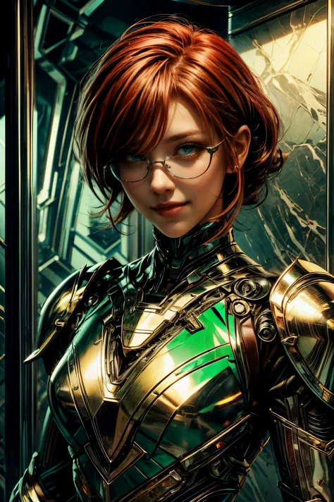 Short, Red hair, green eyes, smooth, soft skin, smiling android wearing metal-framed glasses, in green armor against the backgro...