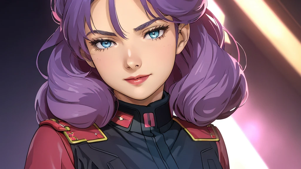 red,Pink military uniform,
purple hair ,blue eyes,lipstick, long hair,
1 girl, 20 years,young women,beautiful Finger,beautiful long legs,beautiful body,beautiful Nose,beautiful character design, perfect eyes, perfect Face,expressive eyes, looking at the audience, in the center of the image,(Light_Smile:0.5), official art,Extremely detailed CG unified 8k wallpaper, perfect Lighting,rich and colorful, bright_front_Face_灯Light,有Light泽的皮肤, (masterpiece:1.0),(the best_quality:1.0), 超high resolution,4K,Super detailed, photography, 8k, human development report, high resolution, ridiculous:1.2, Kodak Portrait 400, film grain, blurred background, Bokeh:1.2, 镜头Light晕, (energetic_color:1.2) (beautiful,big deal_breast:1.0), (beautiful_Face:1.5),(narrow_waist)  whole body 