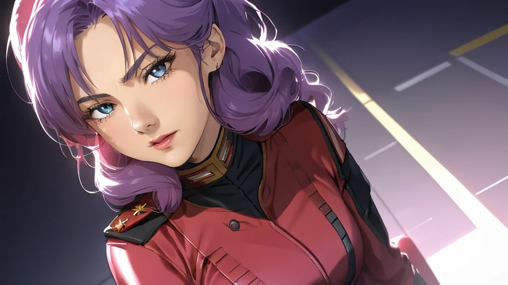 red,Pink military uniform,
purple hair ,blue eyes,lipstick, long hair,
1 girl, 20 years,young women,beautiful Finger,beautiful long legs,beautiful body,beautiful Nose,beautiful character design, perfect eyes, perfect Face,expressive eyes, looking at the audience, in the center of the image,(Light_Smile:0.5), official art,Extremely detailed CG unified 8k wallpaper, perfect Lighting,rich and colorful, bright_front_Face_灯Light,有Light泽的皮肤, (masterpiece:1.0),(the best_quality:1.0), 超high resolution,4K,Super detailed, photography, 8k, human development report, high resolution, ridiculous:1.2, Kodak Portrait 400, film grain, blurred background, Bokeh:1.2, 镜头Light晕, (energetic_color:1.2) (beautiful,big deal_breast:1.0), (beautiful_Face:1.5),(narrow_waist)  whole body 