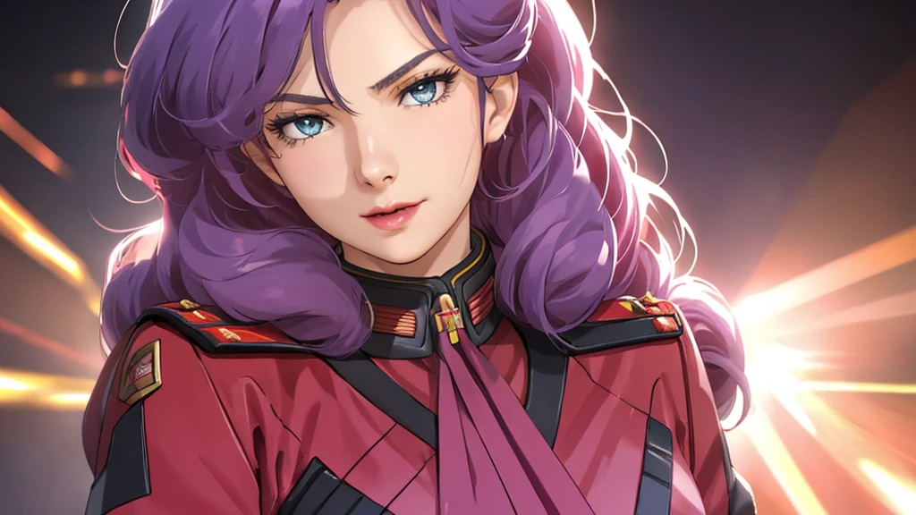 red,Pink military uniform,
purple hair ,blue eyes,lipstick, long hair,
1 girl, 20 years,young women,beautiful Finger,beautiful long legs,beautiful body,beautiful Nose,beautiful character design, perfect eyes, perfect Face,expressive eyes, looking at the audience, in the center of the image,(Light_Smile:0.5), official art,Extremely detailed CG unified 8k wallpaper, perfect Lighting,rich and colorful, bright_front_Face_灯Light,有Light泽的皮肤, (masterpiece:1.0),(the best_quality:1.0), 超high resolution,4K,Super detailed, photography, 8k, human development report, high resolution, ridiculous:1.2, Kodak Portrait 400, film grain, blurred background, Bokeh:1.2, 镜头Light晕, (energetic_color:1.2) (beautiful,big deal_breast:1.0), (beautiful_Face:1.5),(narrow_waist)  whole body 