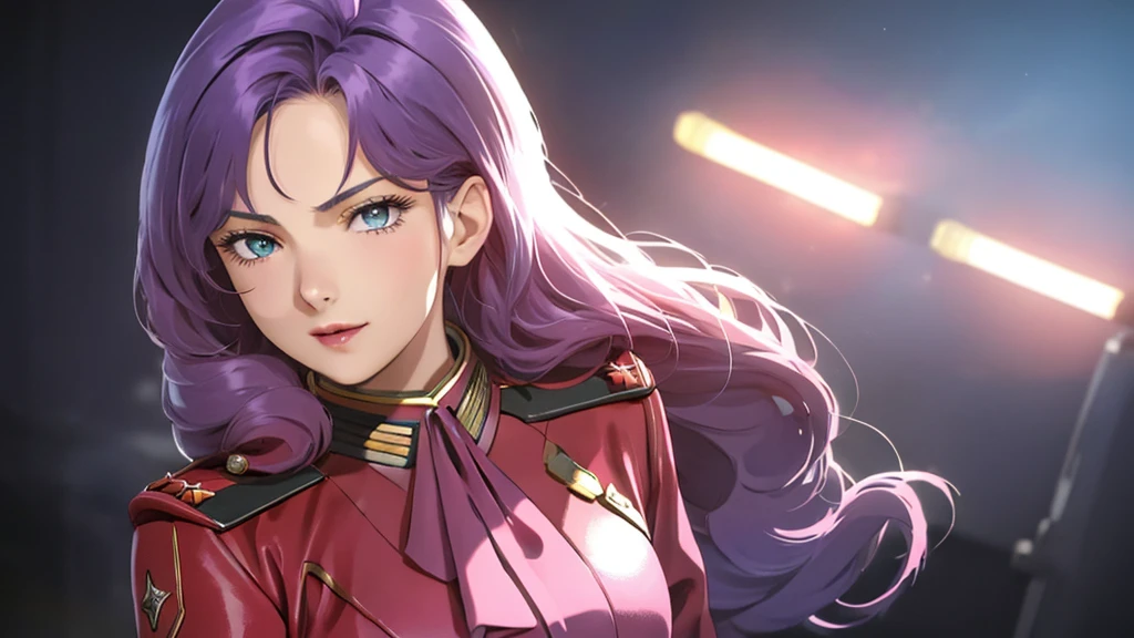 red,Pink military uniform,
purple hair ,blue eyes,lipstick, long hair,
1 girl, 20 years,young women,beautiful Finger,beautiful long legs,beautiful body,beautiful Nose,beautiful character design, perfect eyes, perfect Face,expressive eyes, looking at the audience, in the center of the image,(Light_Smile:0.5), official art,Extremely detailed CG unified 8k wallpaper, perfect Lighting,rich and colorful, bright_front_Face_灯Light,有Light泽的皮肤, (masterpiece:1.0),(the best_quality:1.0), 超high resolution,4K,Super detailed, photography, 8k, human development report, high resolution, ridiculous:1.2, Kodak Portrait 400, film grain, blurred background, Bokeh:1.2, 镜头Light晕, (energetic_color:1.2) (beautiful,big deal_breast:1.0), (beautiful_Face:1.5),(narrow_waist)  whole body 