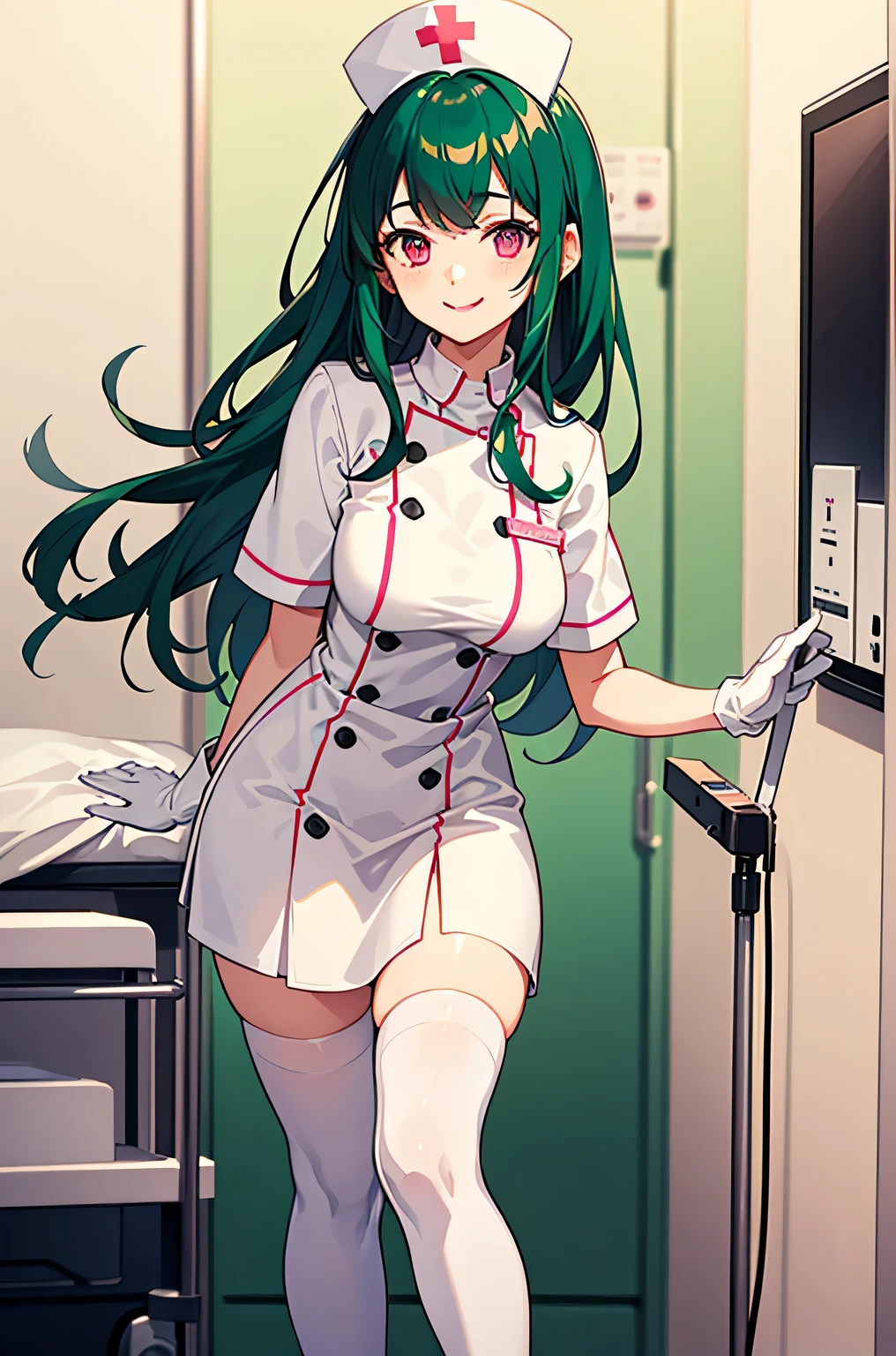 1 female, alone, nurse, nurse cap, White nurse uniform, ((white legwear, zettai ryouiki)), white gloves, amount, long hair, green hair, pink eyes, pink lips, smile, Are standing, ((hospital room)), sharp outline, short sleeve, mature woman, 35 years old, highest quality, masterpiece