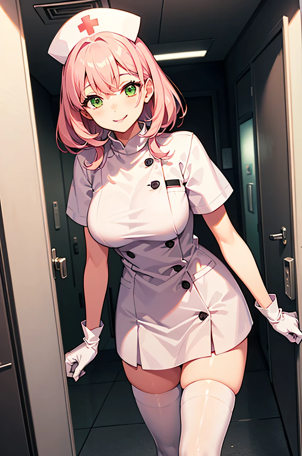 1 female, alone, nurse, nurse cap, White nurse uniform, ((white legwear, zettai ryouiki)), white gloves, pink hair, green eyes, droopy eyes, pink lips, smile, Are standing, ((hospital room)), sharp outline, short sleeve, mature woman, 32 years old, highest quality, masterpiece