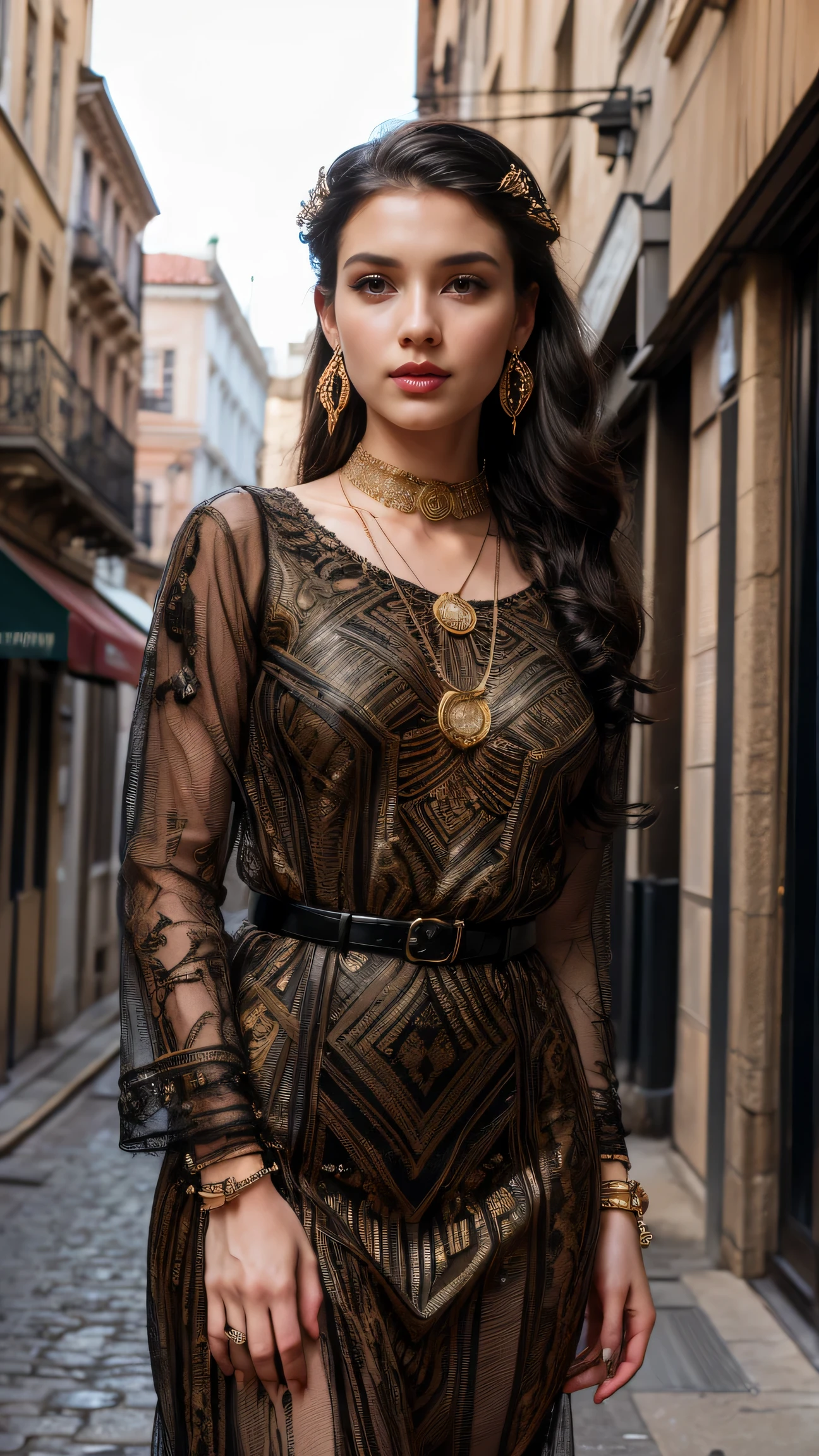 official art, unity 8k wallpaper, Super detailed, beautiful and aesthetic, masterpiece, highest quality, realistic,  20 years, beautiful girl, 

( She wears a glamorous black dress with intricate Art Deco embroidery。, art deco hair ornament with golden thread, giant art deco necklace, art deco earrings. ), 
In front of an art deco shop in a European alley, (Pose the model)