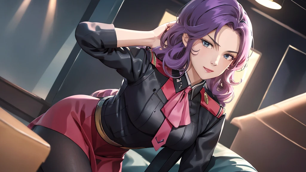 red,Pink military uniform,
purple hair ,blue eyes,lipstick, long hair,
1 girl, 20 years,young women,beautiful Finger,beautiful long legs,beautiful body,beautiful Nose,beautiful character design, perfect eyes, perfect Face,expressive eyes, looking at the audience, in the center of the image,(Light_Smile:0.5), official art,Extremely detailed CG unified 8k wallpaper, perfect Lighting,rich and colorful, bright_front_Face_灯Light,有Light泽的皮肤, (masterpiece:1.0),(the best_quality:1.0), 超high resolution,4K,Super detailed, photography, 8k, human development report, high resolution, ridiculous:1.2, Kodak Portrait 400, film grain, blurred background, Bokeh:1.2, 镜头Light晕, (energetic_color:1.2) (beautiful,big deal_breast:1.0), (beautiful_Face:1.5),(narrow_waist)  full body sitting position, wear, elite, velvet, deep Purple, small tie. he himself, boss, momentum, Full HD, ......International Organization for Standardization, The law office features modern design furniture, Includes armchair upholstered in black and gray leather, Chrome base tempered glass coffee table, Solid wood conference table with black leather chairs, There is also a built-in bookcase，Inside there are law books bound in brown leather. ?" 其 11 叶片圆形Light圈和 XA 镜头元件一起提供了漂亮的Bokeh效果. also, 镜头配备Light圈环，You can switch between no-click and no-click actions, a dust and moisture resistant design, and four XD linear autofocus motors，Provides fast and accurate autofocus and tracking. 这款镜头为索尼photography师提供了出色的人像拍摄工具, night view, 和一般photography."