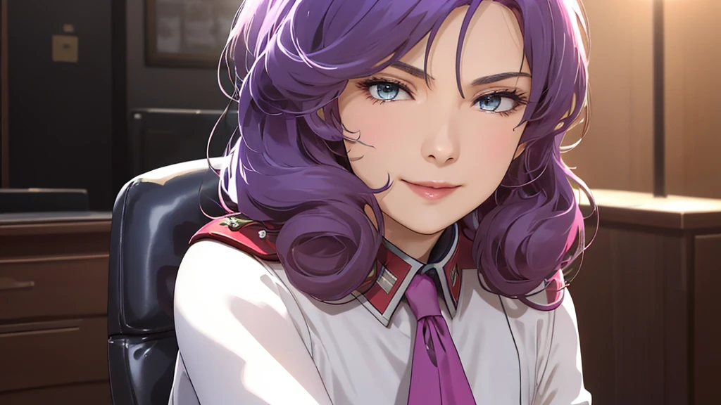 red,Pink military uniform,
purple hair ,blue eyes,lipstick, long hair,
1 girl, 20 years,young women,beautiful Finger,beautiful long legs,beautiful body,beautiful Nose,beautiful character design, perfect eyes, perfect Face,expressive eyes, looking at the audience, in the center of the image,(Light_Smile:0.5), official art,Extremely detailed CG unified 8k wallpaper, perfect Lighting,rich and colorful, bright_front_Face_灯Light,有Light泽的皮肤, (masterpiece:1.0),(the best_quality:1.0), 超high resolution,4K,Super detailed, photography, 8k, human development report, high resolution, ridiculous:1.2, Kodak Portrait 400, film grain, blurred background, Bokeh:1.2, 镜头Light晕, (energetic_color:1.2) (beautiful,big deal_breast:1.0), (beautiful_Face:1.5),(narrow_waist)  full body sitting position, wear, elite, velvet, deep Purple, small tie. he himself, boss, momentum, Full HD, ......International Organization for Standardization, The law office features modern design furniture, Includes armchair upholstered in black and gray leather, Chrome base tempered glass coffee table, Solid wood conference table with black leather chairs, There is also a built-in bookcase，Inside there are law books bound in brown leather. ?" 其 11 叶片圆形Light圈和 XA 镜头元件一起提供了漂亮的Bokeh效果. also, 镜头配备Light圈环，You can switch between no-click and no-click actions, a dust and moisture resistant design, and four XD linear autofocus motors，Provides fast and accurate autofocus and tracking. 这款镜头为索尼photography师提供了出色的人像拍摄工具, night view, 和一般photography."