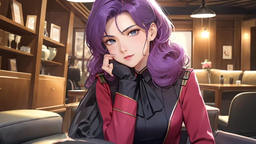 red,Pink military uniform,
purple hair ,blue eyes,lipstick, long hair,
1 girl, 20 years,young women,beautiful Finger,beautiful long legs,beautiful body,beautiful Nose,beautiful character design, perfect eyes, perfect Face,expressive eyes, looking at the audience, in the center of the image,(Light_Smile:0.5), official art,Extremely detailed CG unified 8k wallpaper, perfect Lighting,rich and colorful, bright_front_Face_灯Light,有Light泽的皮肤, (masterpiece:1.0),(the best_quality:1.0), 超high resolution,4K,Super detailed, photography, 8k, human development report, high resolution, ridiculous:1.2, Kodak Portrait 400, film grain, blurred background, Bokeh:1.2, 镜头Light晕, (energetic_color:1.2) (beautiful,big deal_breast:1.0), (beautiful_Face:1.5),(narrow_waist)  full body sitting position, wear, elite, velvet, deep Purple, small tie. he himself, boss, momentum, Full HD, ......International Organization for Standardization, The law office features modern design furniture, Includes armchair upholstered in black and gray leather, Chrome base tempered glass coffee table, Solid wood conference table with black leather chairs, There is also a built-in bookcase，Inside there are law books bound in brown leather. ?" 其 11 叶片圆形Light圈和 XA 镜头元件一起提供了漂亮的Bokeh效果. also, 镜头配备Light圈环，You can switch between no-click and no-click actions, a dust and moisture resistant design, and four XD linear autofocus motors，Provides fast and accurate autofocus and tracking. 这款镜头为索尼photography师提供了出色的人像拍摄工具, night view, 和一般photography."