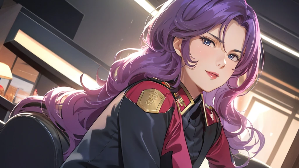 red,Pink military uniform,
purple hair ,blue eyes,lipstick, long hair,
1 girl, 20 years,young women,beautiful Finger,beautiful long legs,beautiful body,beautiful Nose,beautiful character design, perfect eyes, perfect Face,expressive eyes, looking at the audience, in the center of the image,(Light_Smile:0.5), official art,Extremely detailed CG unified 8k wallpaper, perfect Lighting,rich and colorful, bright_front_Face_灯Light,有Light泽的皮肤, (masterpiece:1.0),(the best_quality:1.0), 超high resolution,4K,Super detailed, photography, 8k, human development report, high resolution, ridiculous:1.2, Kodak Portrait 400, film grain, blurred background, Bokeh:1.2, 镜头Light晕, (energetic_color:1.2) (beautiful,big deal_breast:1.0), (beautiful_Face:1.5),(narrow_waist)  full body sitting position, wear, elite, velvet, deep Purple, small tie. he himself, boss, momentum, Full HD, ......International Organization for Standardization, The law office features modern design furniture, Includes armchair upholstered in black and gray leather, Chrome base tempered glass coffee table, Solid wood conference table with black leather chairs, There is also a built-in bookcase，Inside there are law books bound in brown leather. ?" 其 11 叶片圆形Light圈和 XA 镜头元件一起提供了漂亮的Bokeh效果. also, 镜头配备Light圈环，You can switch between no-click and no-click actions, a dust and moisture resistant design, and four XD linear autofocus motors，Provides fast and accurate autofocus and tracking. 这款镜头为索尼photography师提供了出色的人像拍摄工具, night view, 和一般photography."