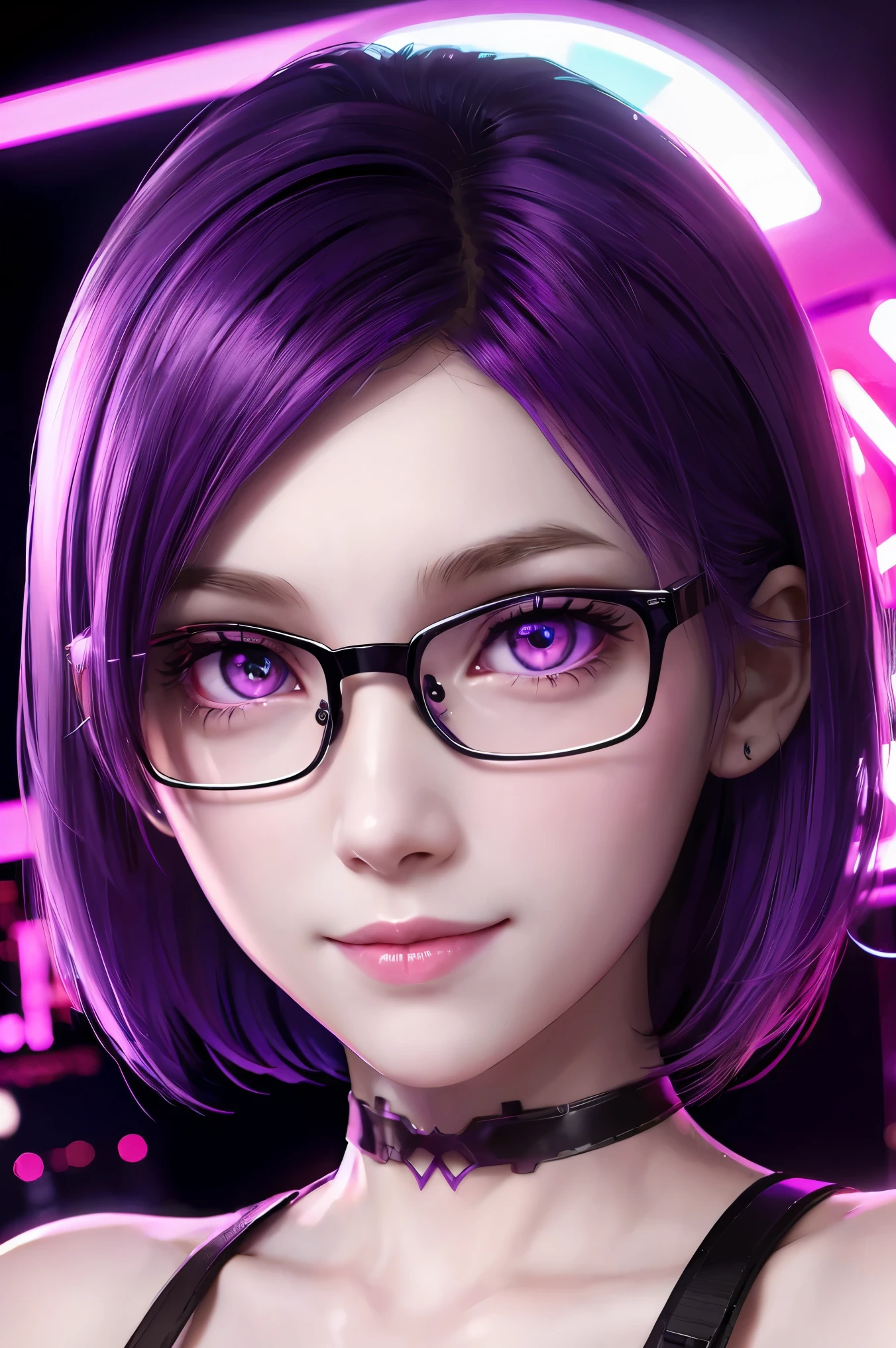 violet, neon lighting, short hair, pale skin, brightly glowing purple eyes, portrait of a cute smiling girl wearing metal frame glasses