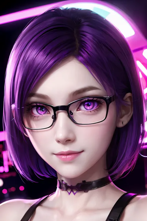 violet, neon lighting, short hair, pale skin, brightly glowing purple eyes, portrait of a cute smiling girl wearing metal frame ...